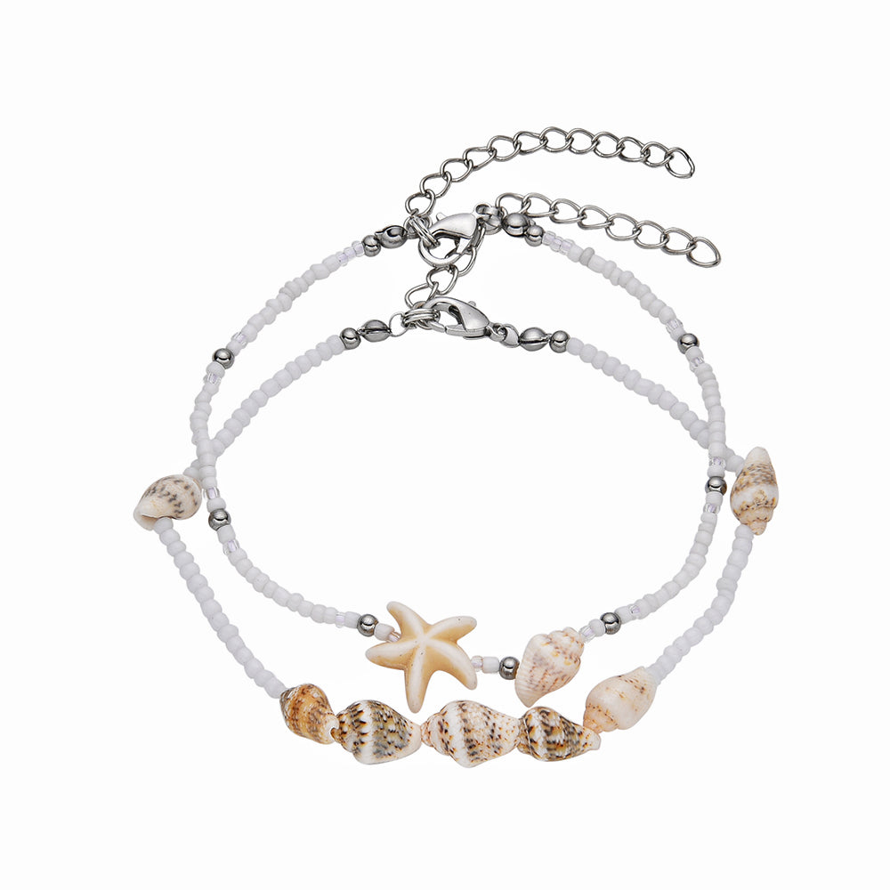 Set Of 2 Seed Bead & Seashell Anklets