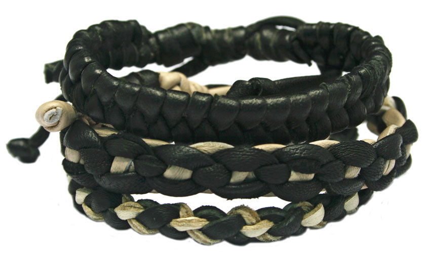 3 PIECE BLACK AND WHITE GOAT LEATHER BRACELETS