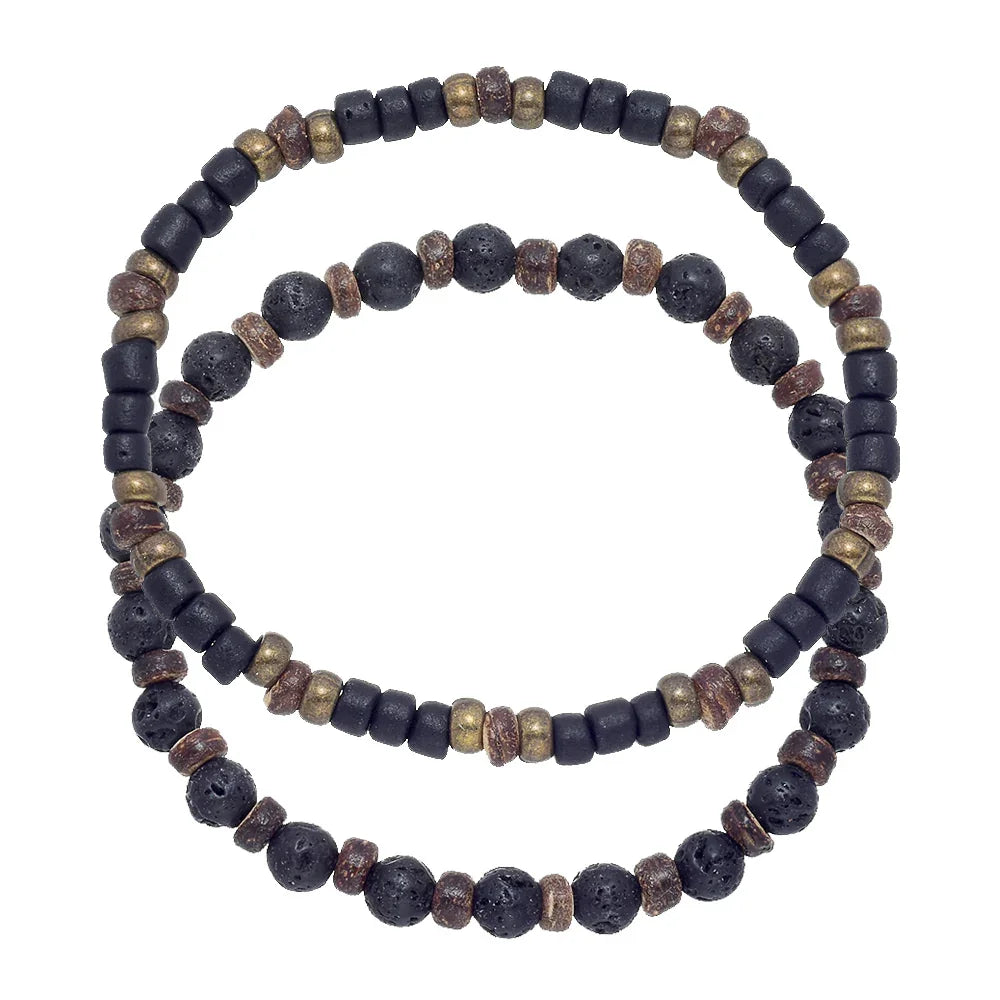 2 STRAND BRASS, COCONUT & LAVA BEAD BRACELETS
