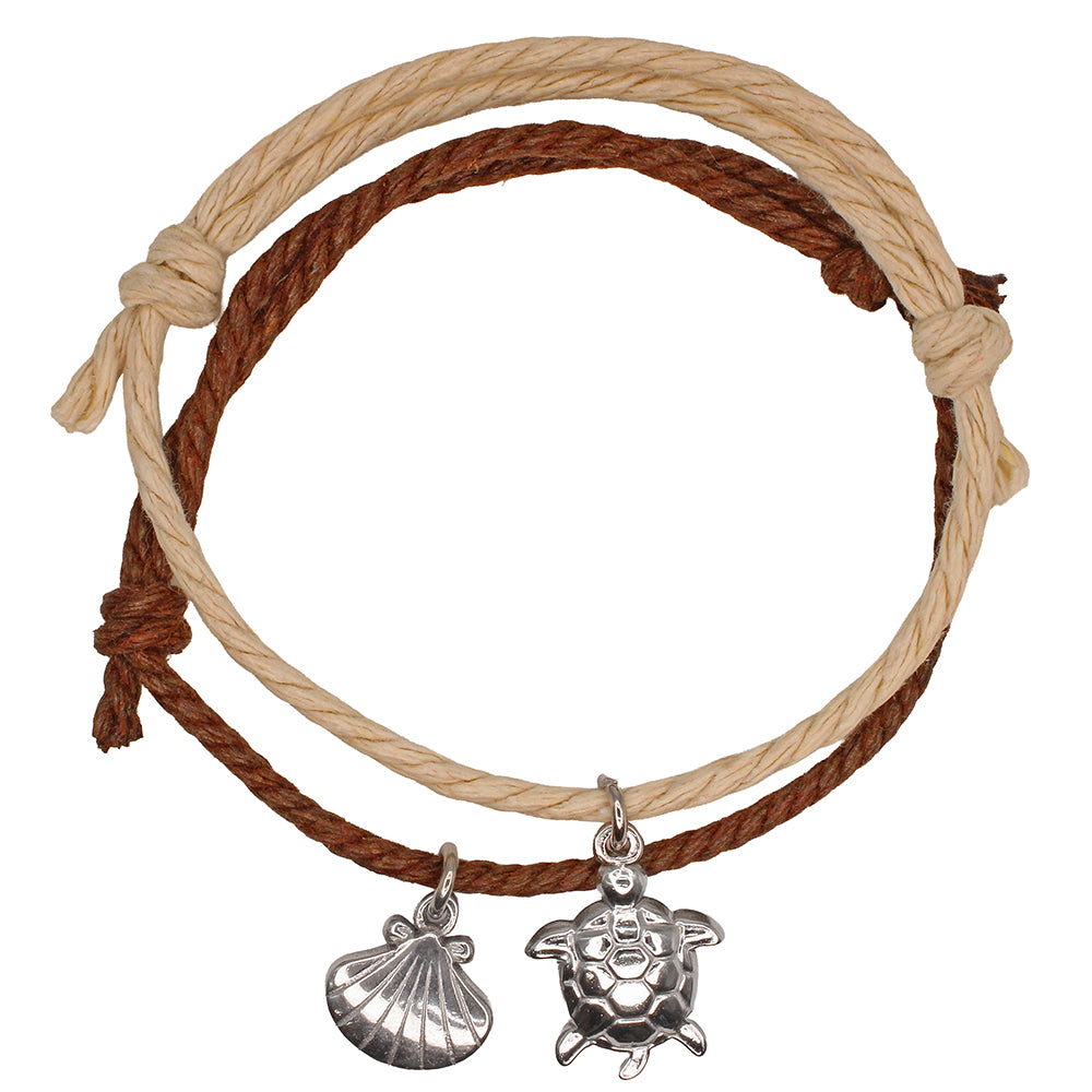 2 PIECE BEIGE ROPE BRACELETS W/ TURTLE & SHELL