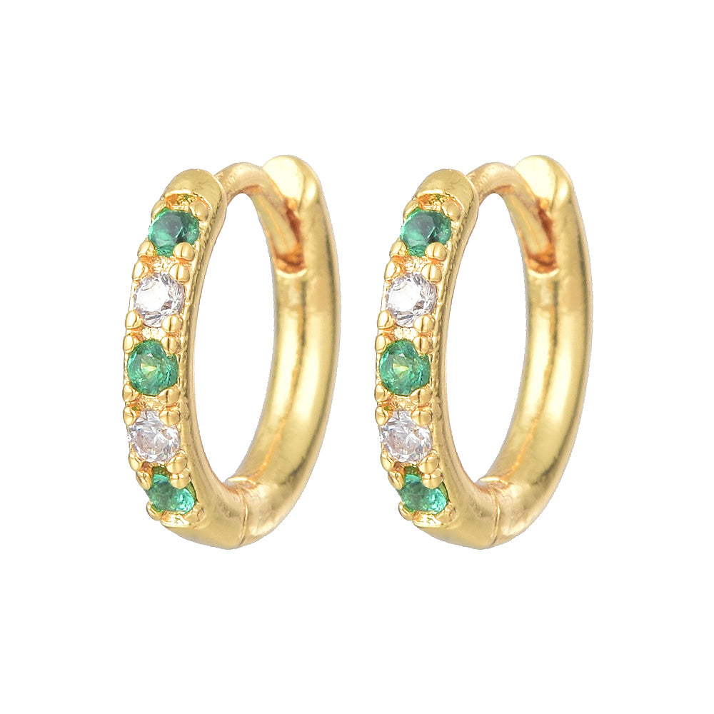 GOLD HOOP EARRINGS WITH GREEN AND CRYSTAL GEMS