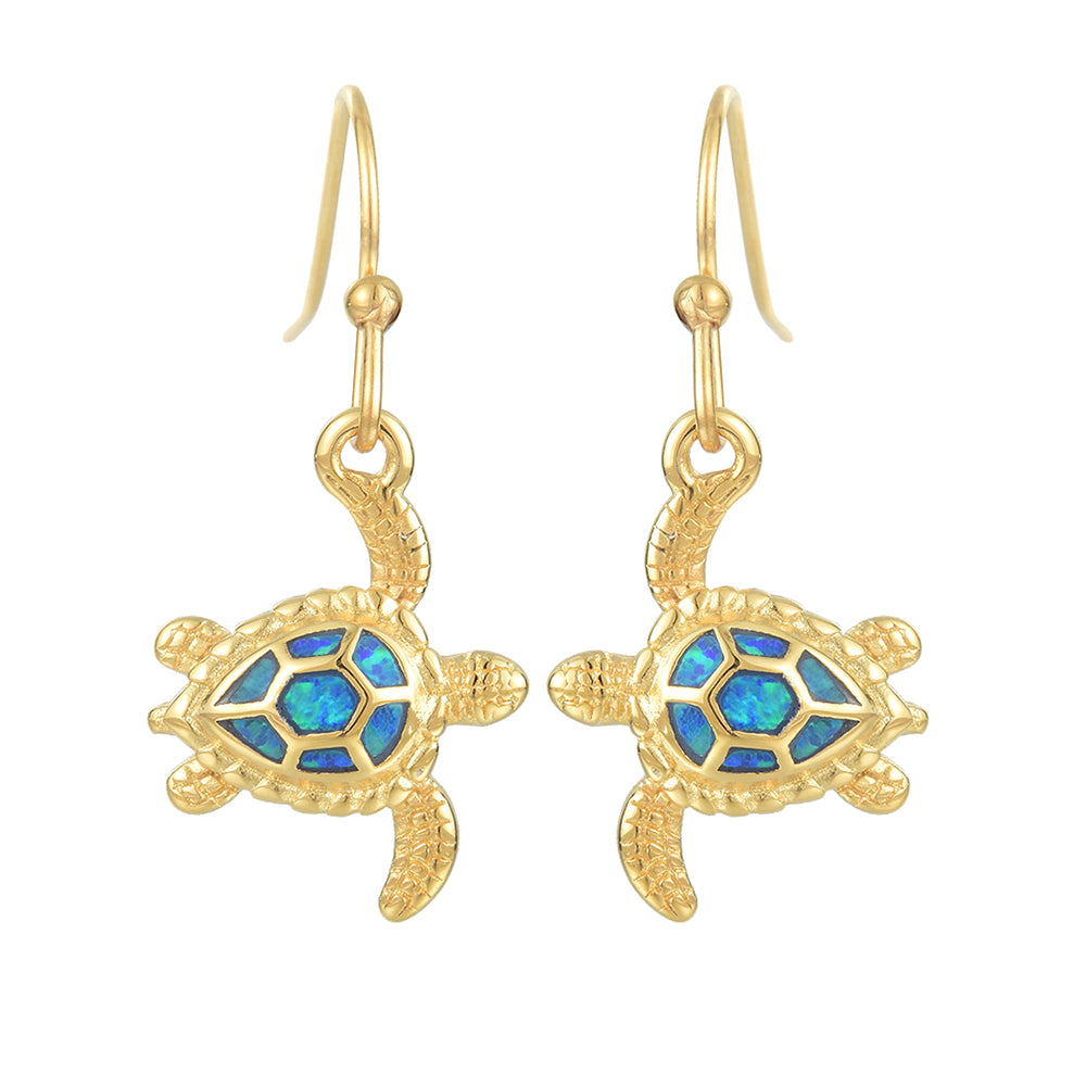 BLUE SYNTHETIC OPAL STAINLESS STEEL GOLD TURTLE EARRINGS