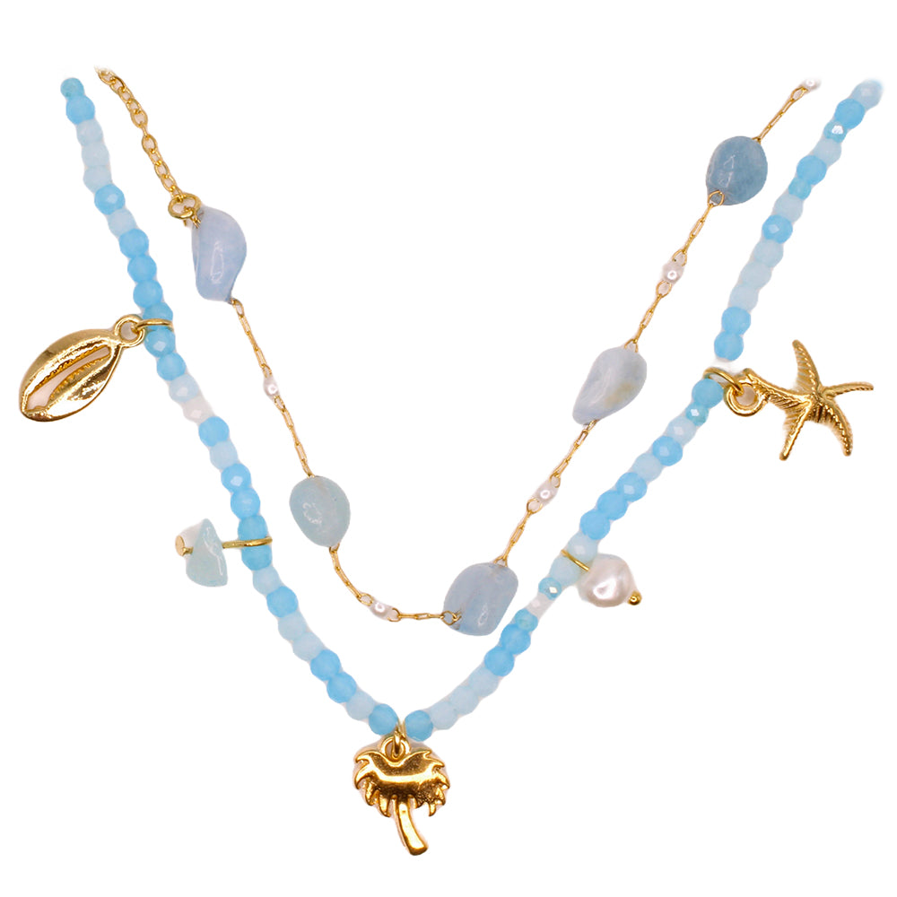 2 Strand Aqua Choker Set W/ Palm, Starfish & Cowrie