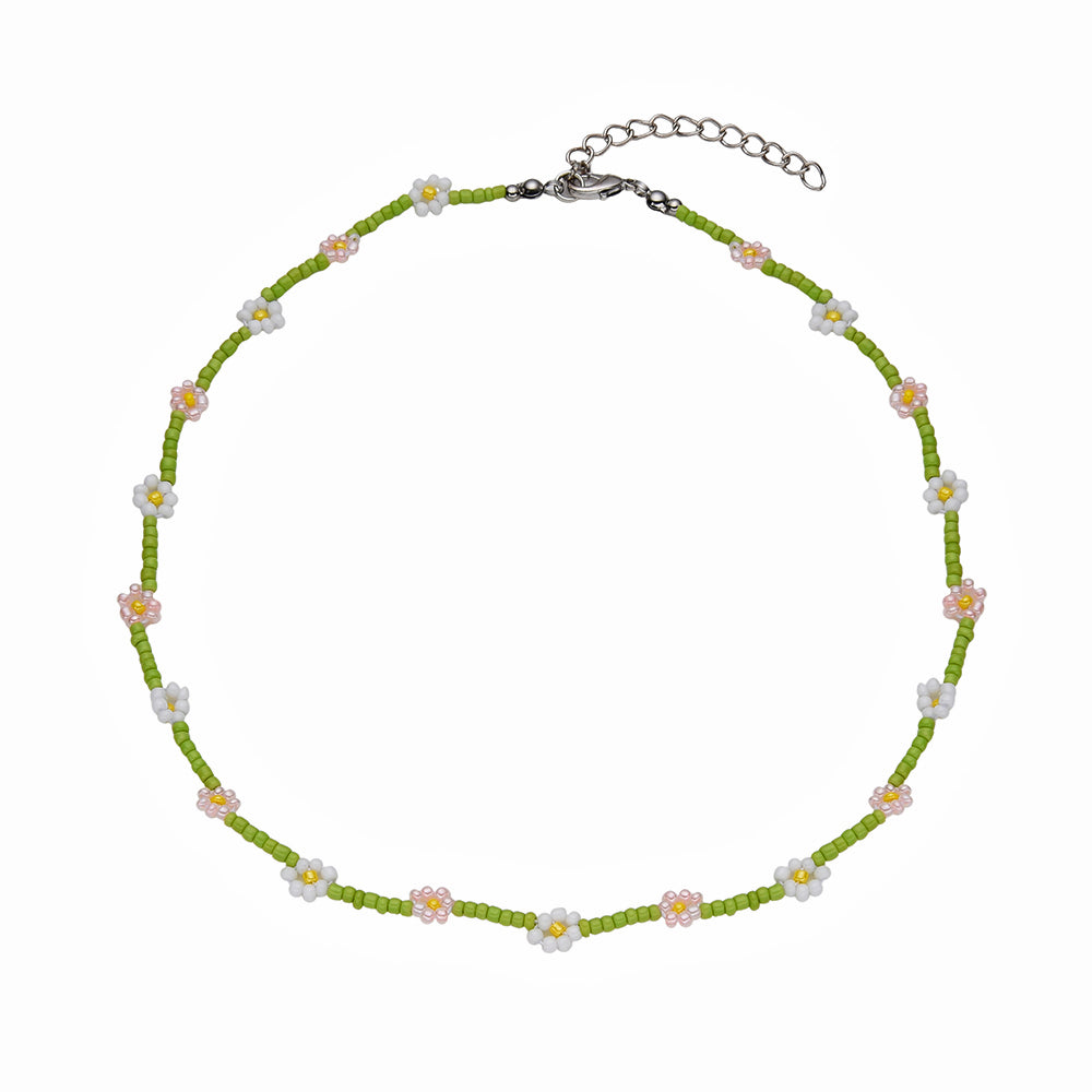 Green Seed Bead Choker W/ Pink & White Daisys