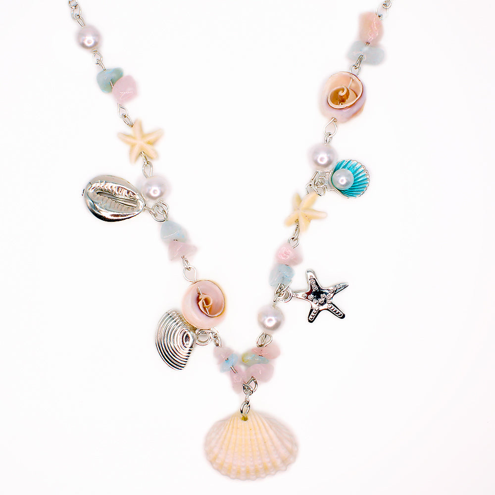 ROSE QUARTZ CHIP NECKLACE W/ SHELLS & MARINE CHARMS