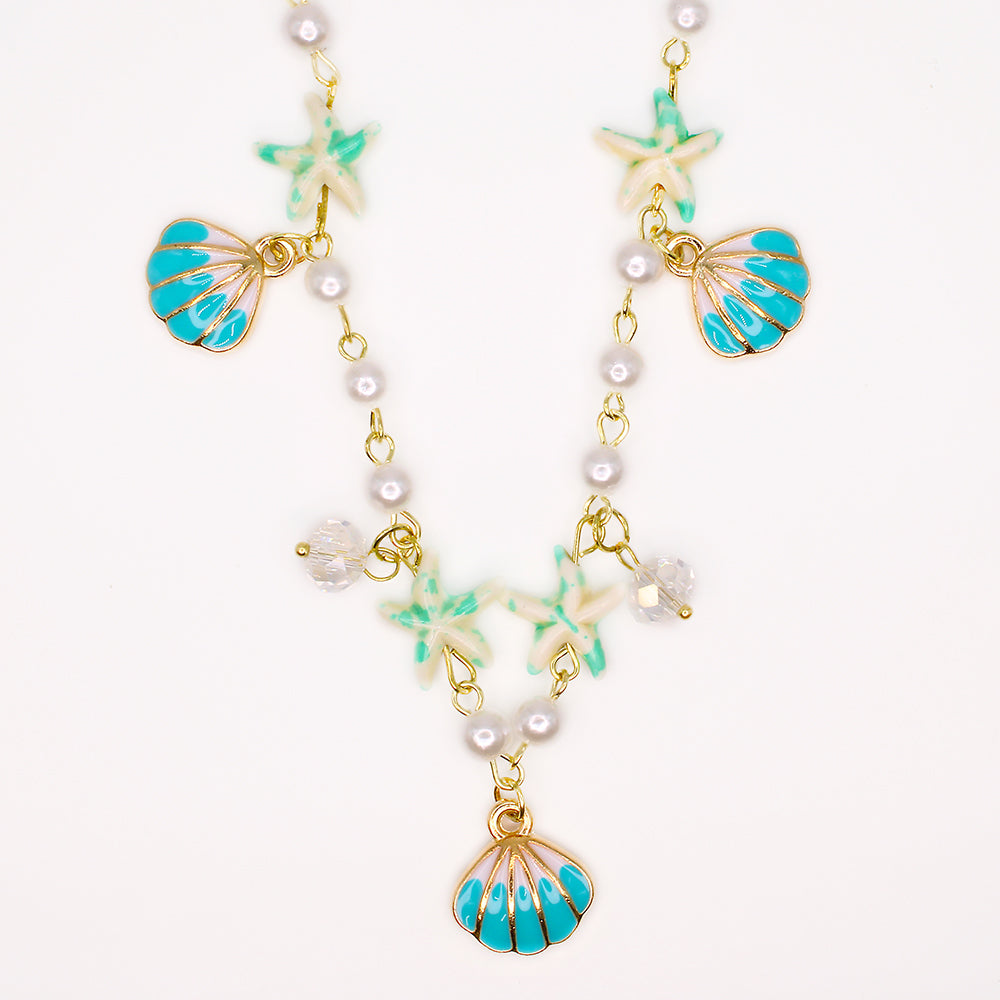 PEARL NECKLACE W/ BLUE STARFISH & CLAM