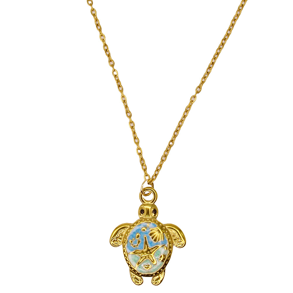 Enamel Print Gold Turtle Pendant