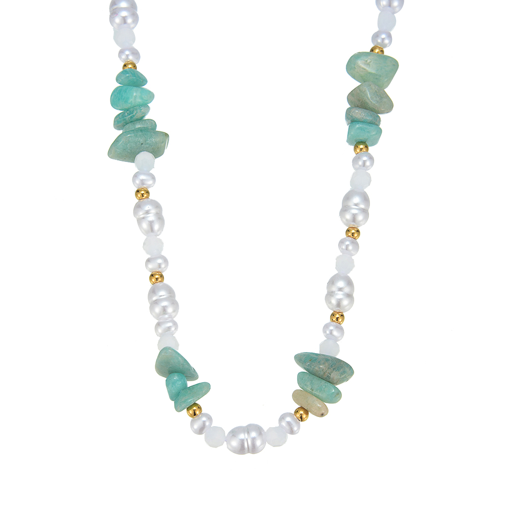 AMAZONITE CHIP AND PEARL GOLD BEAD NECKLACE