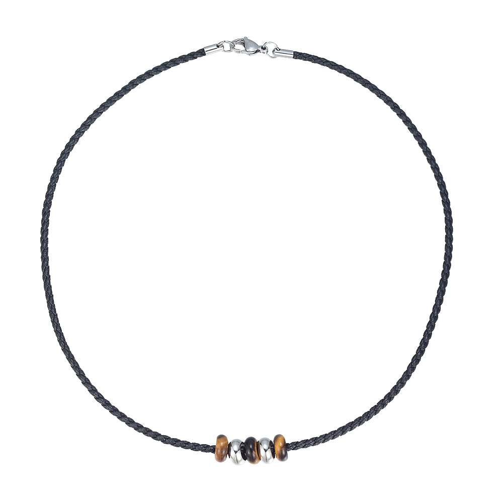 Tiger Eye And Stainless Steel Discs Leather Choker