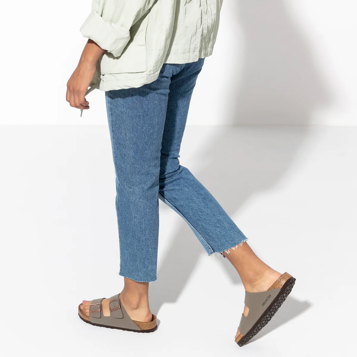 Birkenstock Arizona Birkibuc in Stone, angled view - Beachin Surf Toukley