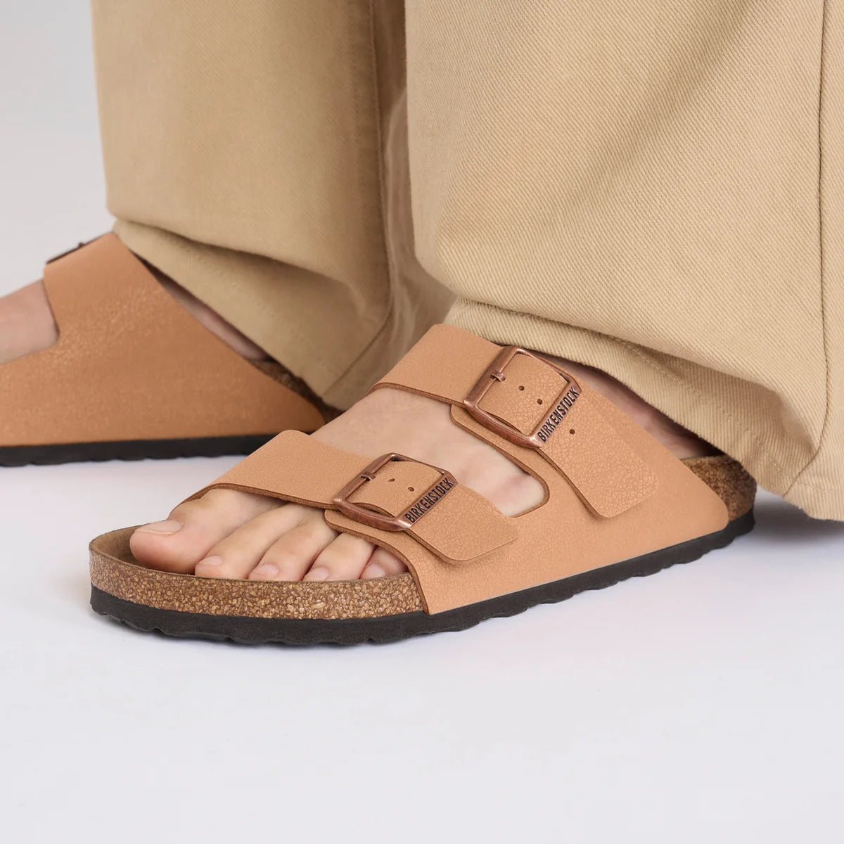Birkenstock Arizona Vegan Birkibuc in Pecan worn on foot, second view - Beachin Surf Toukley