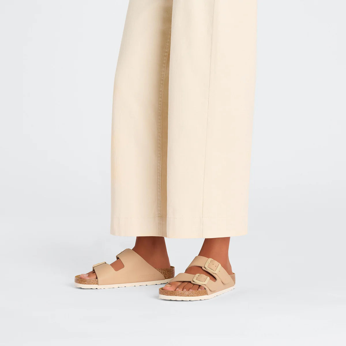 Birkenstock Arizona Birko-Flor in New Beige worn on foot - Beachin Surf Toukley