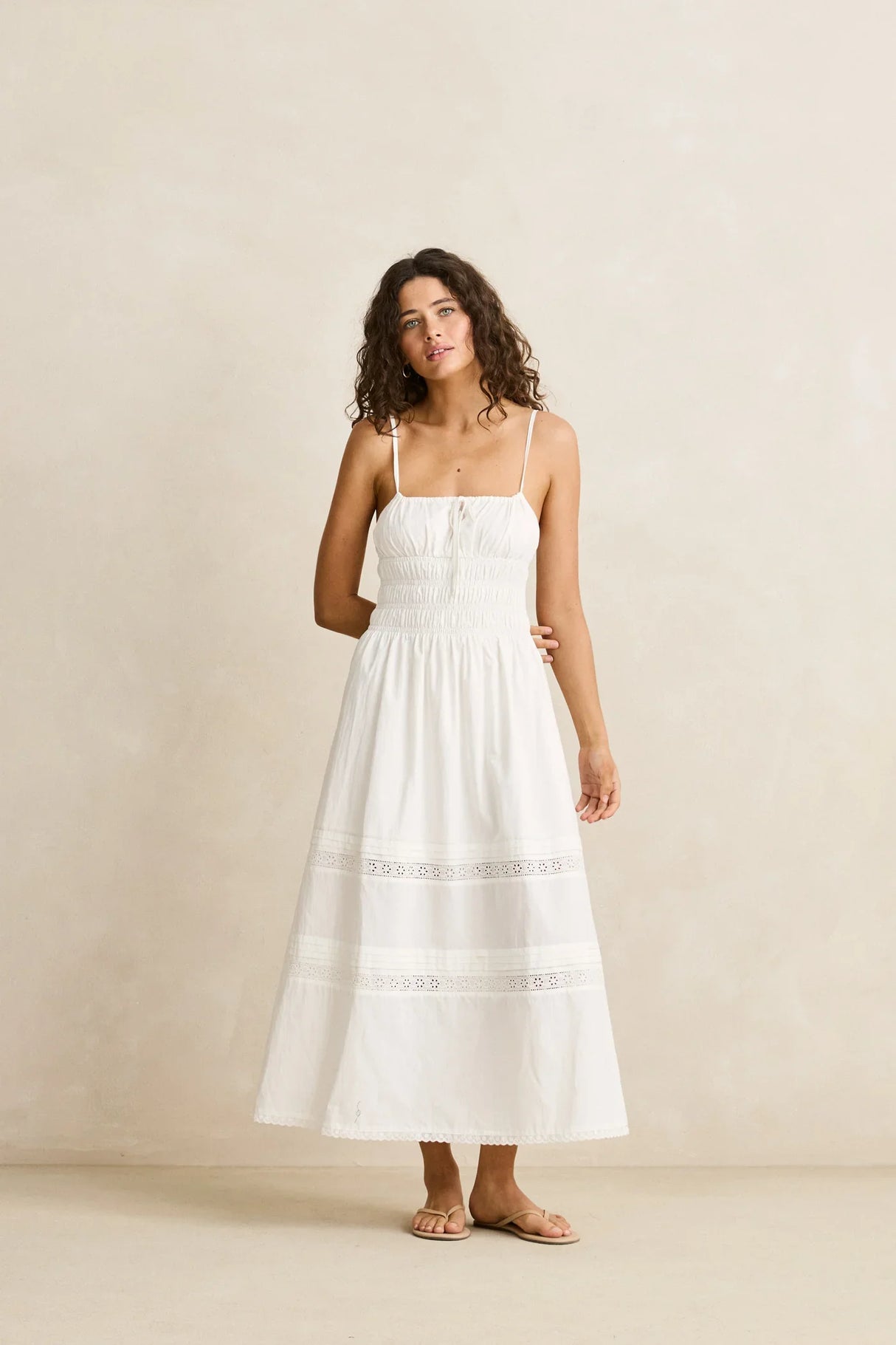 Broderie Lace Gathered Midi Dress
