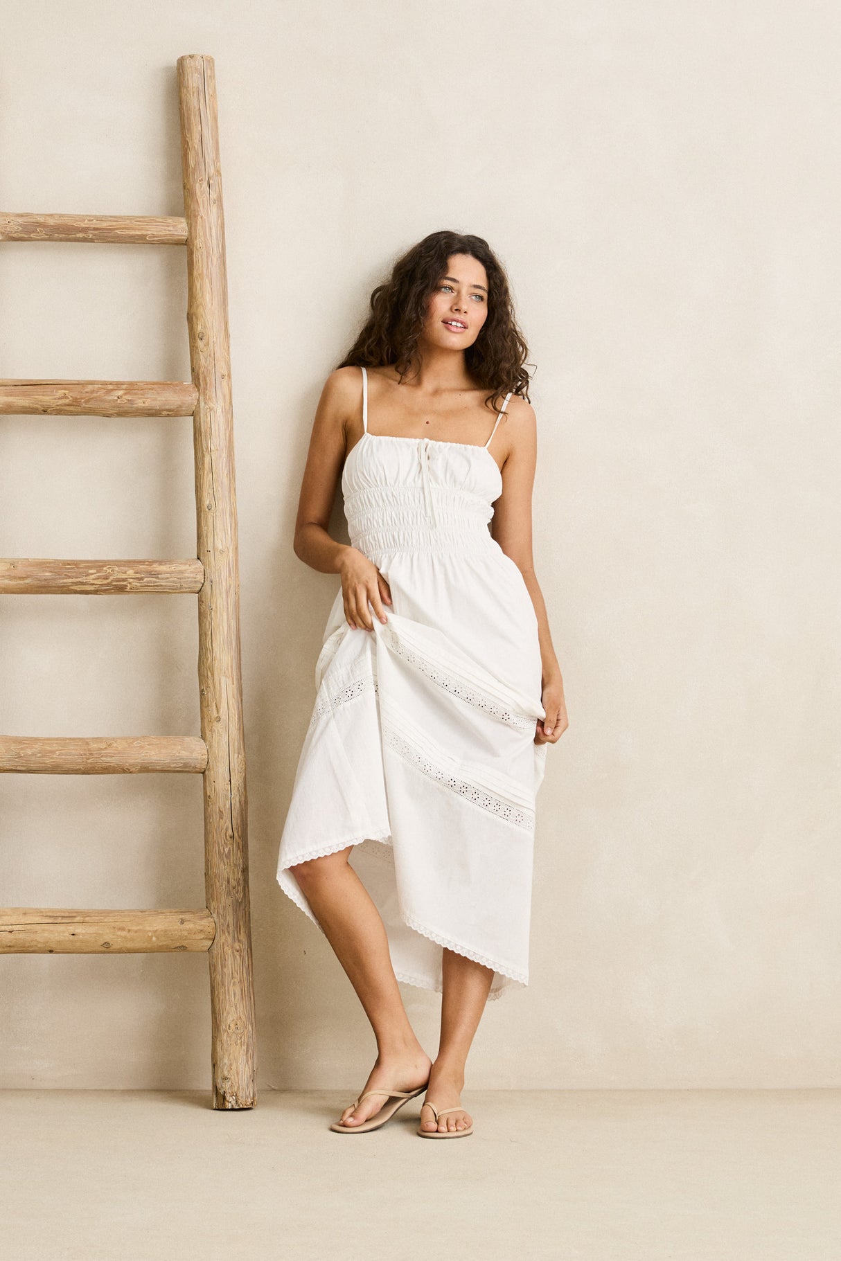 Broderie Lace Gathered Midi Dress