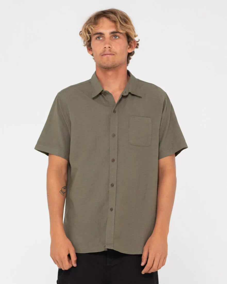 Overtone Short Sleeve Linen Shirt - Shadow Army - Large - Beachin Surf