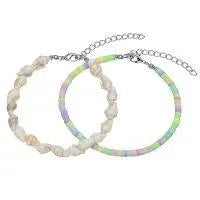 Rainbow Heishi & Seashell Anklet Set