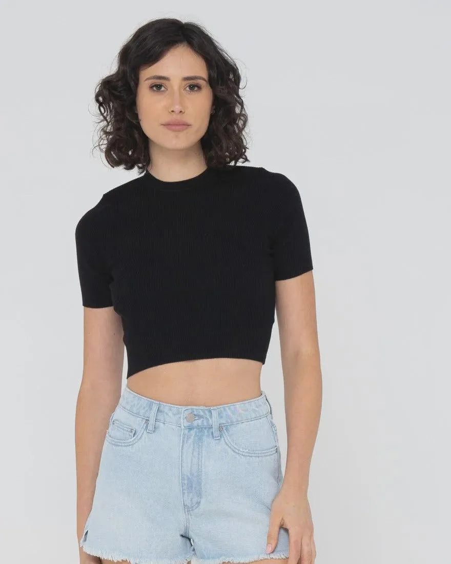 Charis Ribbed Crop Short Sleeve Knit Top - Beachin Surf