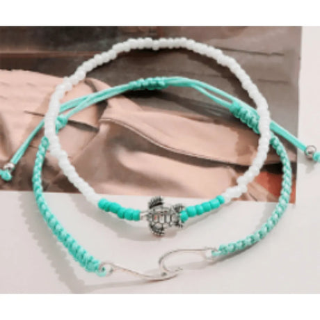 Set Of 2 Aqua Wave & Turtle Anklets - Beachin Surf