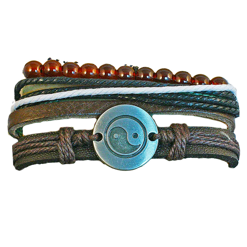 Multi Strand Leather Bracelet W/Yin Yang