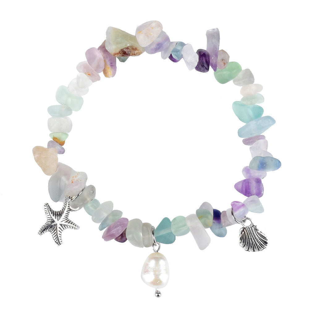 Fluorite Chip Bracelet W/Starfish, Pearl, & Shell Charms