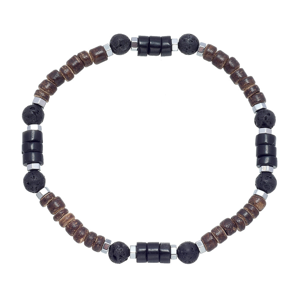 Coconut, Lava, Obsidian, & Hematite Beaded Bracelet