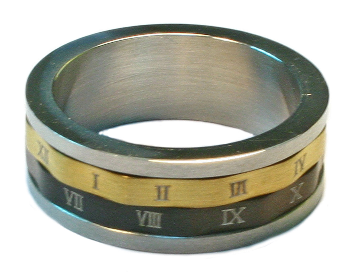 STAINLESS STEEL ROMAN NUMERALS SPINNING 3 TONE RING