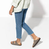 Birkenstock Arizona Birkibuc in Stone, angled view - Beachin Surf Toukley