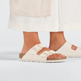 Birkenstock Arizona Birko-Flor in Eggshell worn on foot, second view - Beachin Surf Toukley