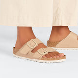 Birkenstock Arizona Birko-Flor in New Beige worn on foot, second view - Beachin Surf Toukley