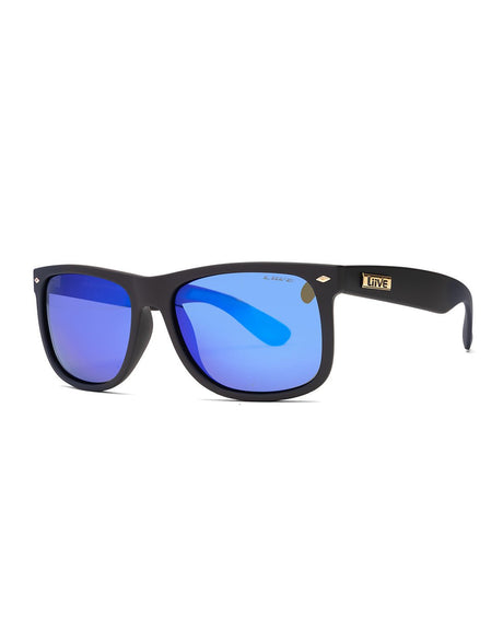 Liive El Capitan Blue Mirror Polarised Matt Black sunglasses angle view - Beachin Surf