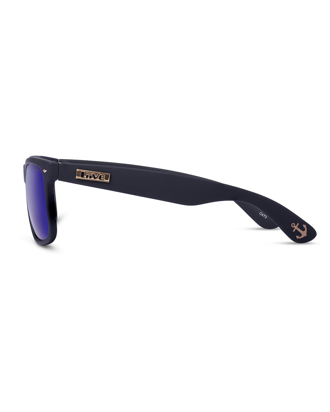 Liive El Capitan Blue Mirror Polarised Matt Black sunglasses side temple view - Beachin Surf