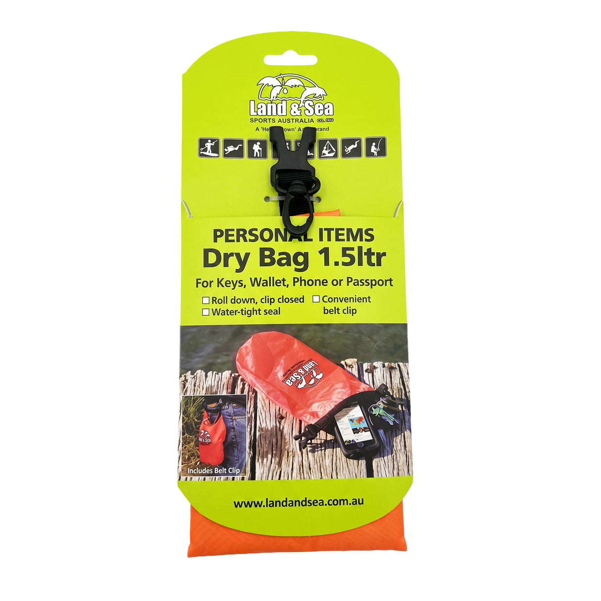 Land & Sea 1.5L Personal Dry Bag Orange - Packaging