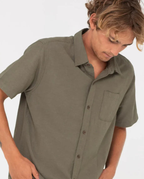 Overtone Short Sleeve Linen Shirt - Shadow Army - Large - Beachin Surf