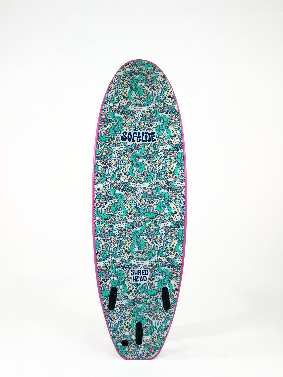 Softlite Shred Head 6'6 softboard in Pink, graphic slick bottom