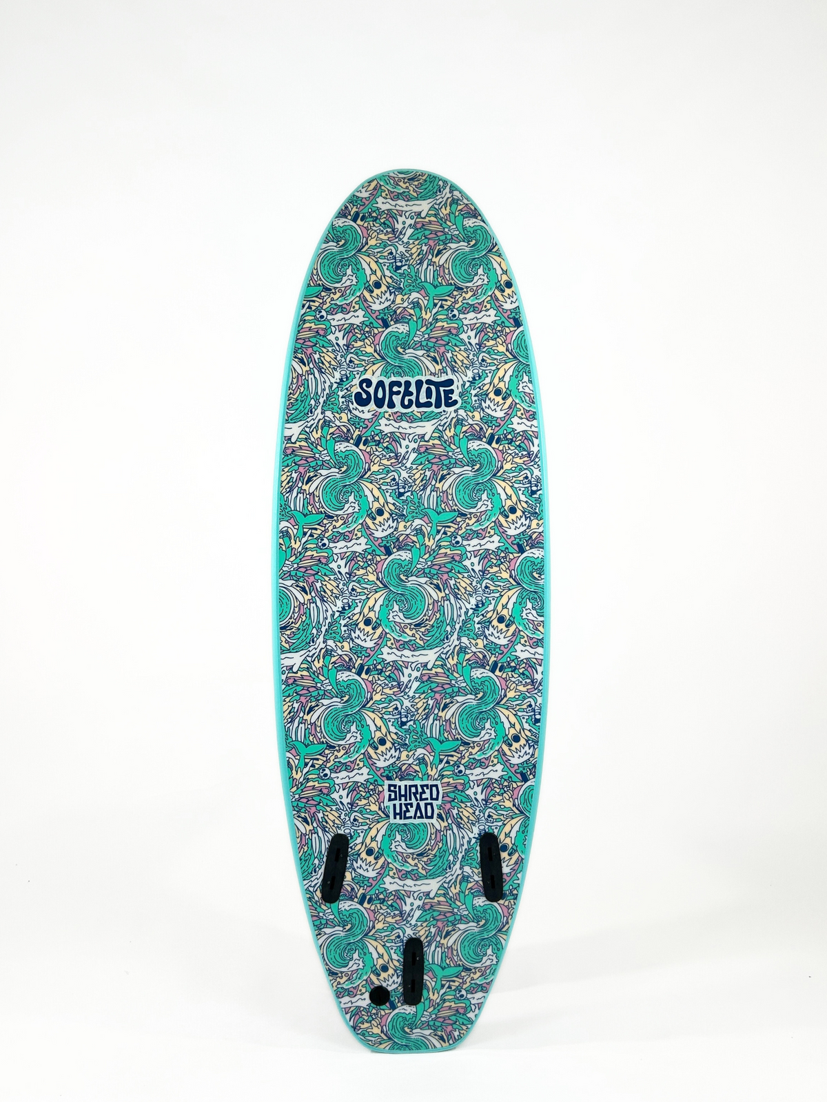 Softlite Shred Head 6'6 softboard in Teal, graphic slick bottom