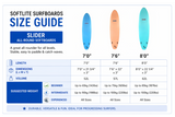Softlite Slider size guide chart with dimensions and rider weights
